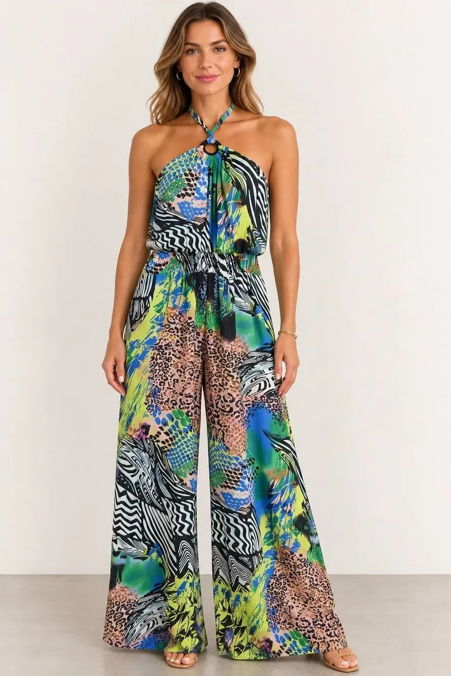 Authentic Brand Multicolor Halter Jumpsuit Wide Leg Animal Print Size 2X Lined